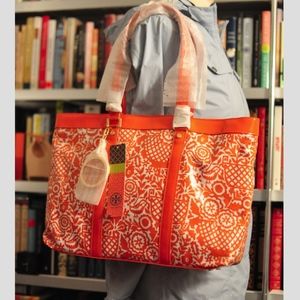 Tory Burch Jane Tote Shopper Bag Orange PVC Water